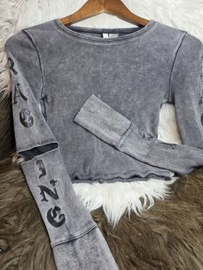 Divided Charcoal Ribbed Long Sleeve Crop Top "RAGING" Open Elbow